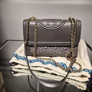 Tory Burch Fleming Silver Maple Taupe Convertible Shoulder/Crossbody Bag